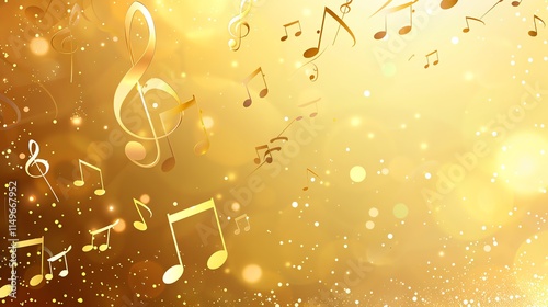 Abstract background with gold music notes, bokeh, and sparkling lights.