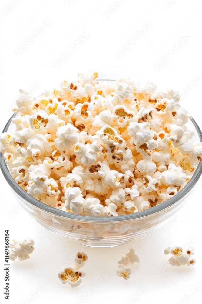 A glass bowl filled with fluffy, buttery popcorn against a light background, inviting and perfect for movie nights. A glass bowl filled with fluffy, buttery popcorn against a light background, inviting and perfect for movie nights.