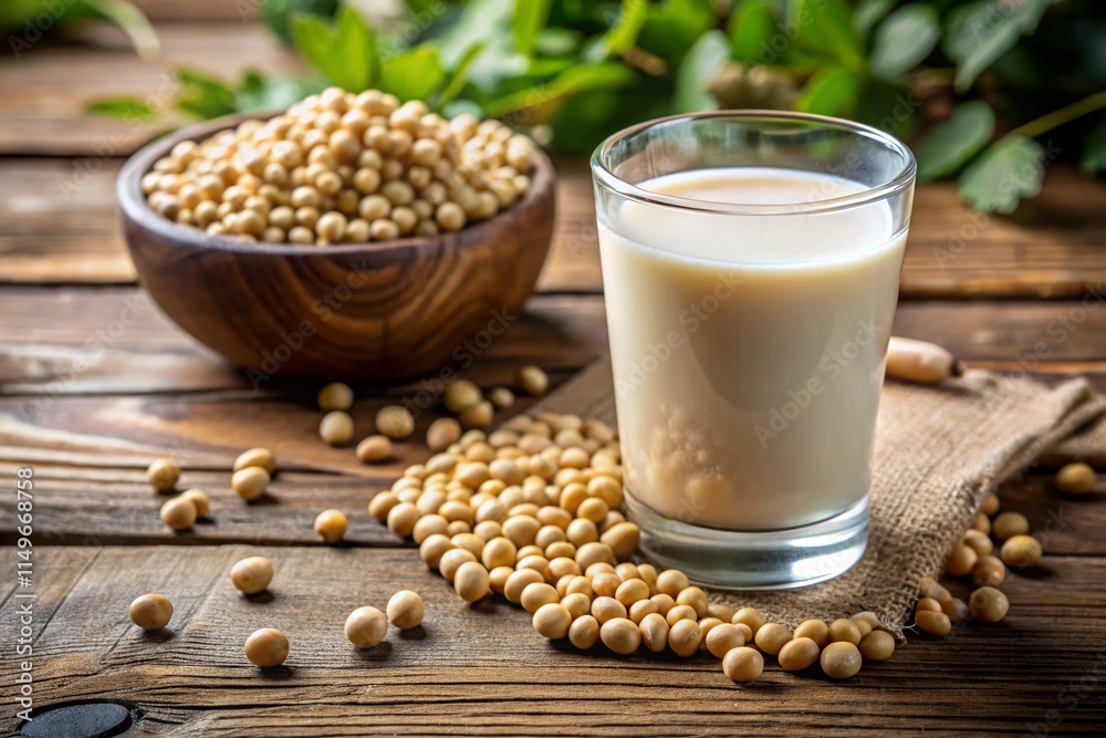 Soy Milk Photography: Delicious Soybeans & Soy Milk on Rustic Wooden Table