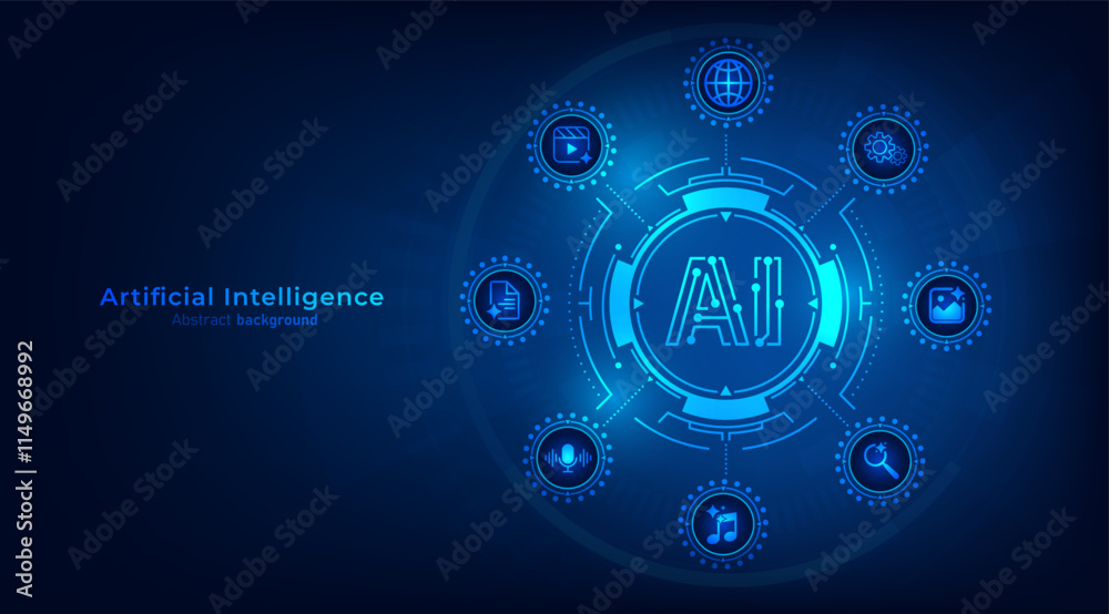 Concept of Artificial intelligence. AI technology for big data analytics and generate ideas. Creating innovation from machine learning. AI and Neural networks. Vector illustration. Concept of Artificial intelligence. AI technology for big data analytics and generate ideas. Creating innovation from machine learning. AI and Neural networks. Vector illustration.