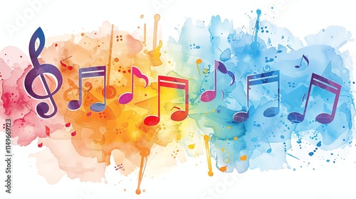A watercolor background with colorful musical notes and a treble clef.