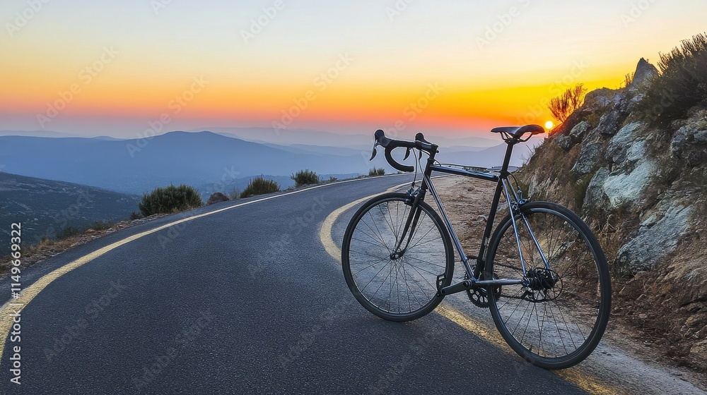 Obraz premium A sleek road bike rests on a winding mountain road at sunset, showcasing vibrant orange and purple hues in the sky.