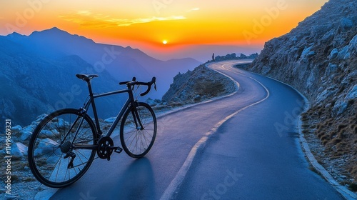 A sleek black bicycle rests on a winding road at sunset, showcasing vibrant orange and blue hues against mountainous terrain.