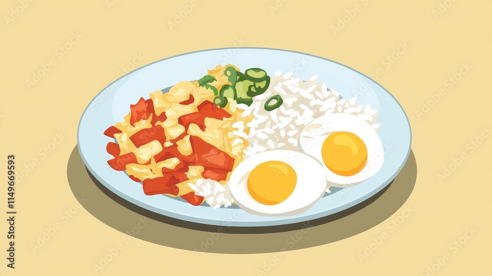 Plate of delicious rice dish with vegetables and boiled eggs garnished with green onions on a pastel background Plate of delicious rice dish with vegetables and boiled eggs garnished with green onions on a pastel background
