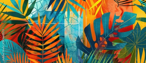 Tropical Burst: An abstract illustration featuring lush jungle leaves in vibrant hues, intertwined with colorful geometric shapes and patterns against a bright summer background