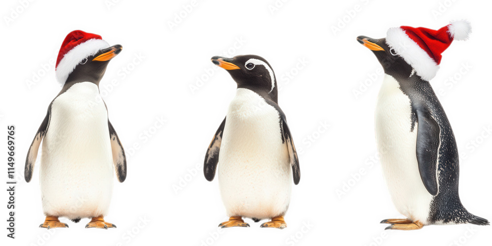 Obraz premium Three Penguins Wearing Santa Hats Against Black Background, on transparent background