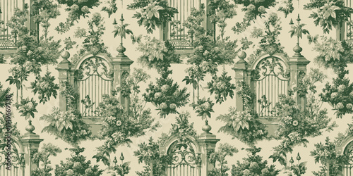 Elegant vintage floral wallpaper with intricate greenery and decorative gates.