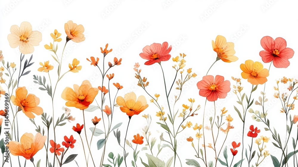 Watercolor and gouache illustration of small flowers with slender petals and long, thin leaves in a retro color scheme, arranged in a delicate pattern on a white background with a vintage feel. Watercolor and gouache illustration of small flowers with slender petals and long, thin leaves in a retro color scheme, arranged in a delicate pattern on a white background with a vintage feel.