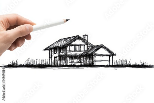 A hand sketches a simple house illustration with a pencil, showcasing architectural design.
