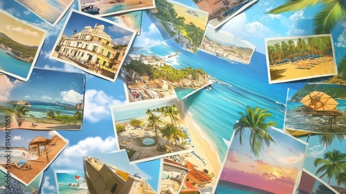 A vibrant collage of tropical vacation scenes featuring stunning beaches and clear blue waters.