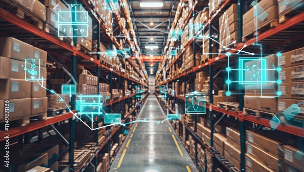 A Modern Warehouse Filled With Neatly Organized Shelves and Packages, Illuminated by Bright LED Lights, Showcasing an Efficient Inventory Management System A Modern Warehouse Filled With Neatly Organized Shelves and Packages, Illuminated by Bright LED Lights, Showcasing an Efficient Inventory Management System