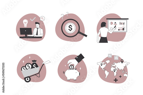 Finance icon set. Financial goal, budget, mutual fund, earning money and revenue simple icons. People characters investing money in self development. Risk management