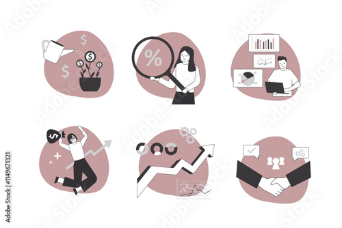 Finance icon set. Financial goal, mutual fund, earning money and revenue simple icons. Investors and businessmen. People characters investing on stock market. Risk management,