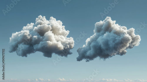 A photorealistic depiction of fluffy clouds floating serenely under a bright blue sky, soft and voluminous clouds with intricate shading and highlights, subtle color transitions between white and ligh photo