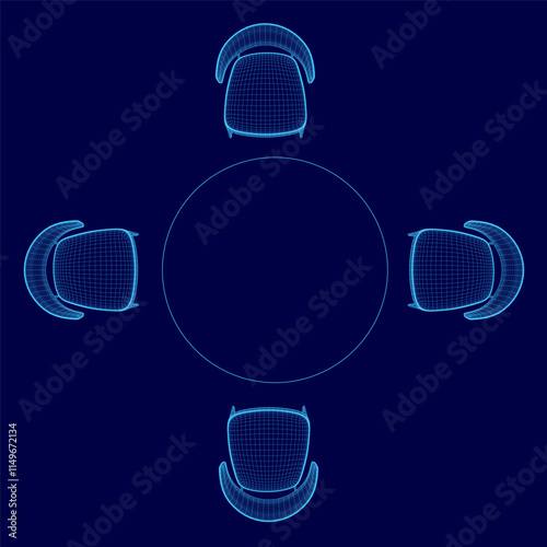 vector wireframe flat style chairs and round table on blue background . Top view