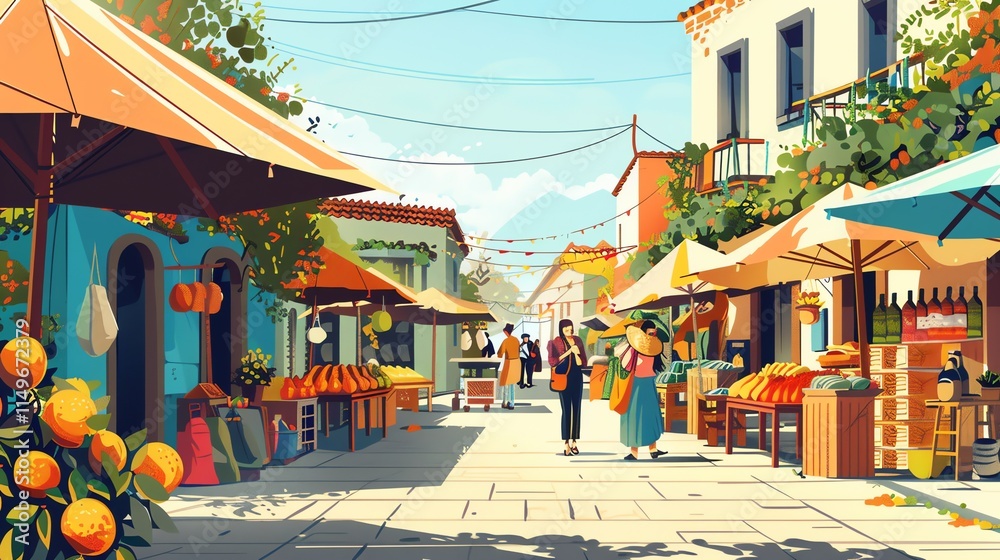 Fototapeta premium A colorful illustration of a bustling outdoor market in a European town.