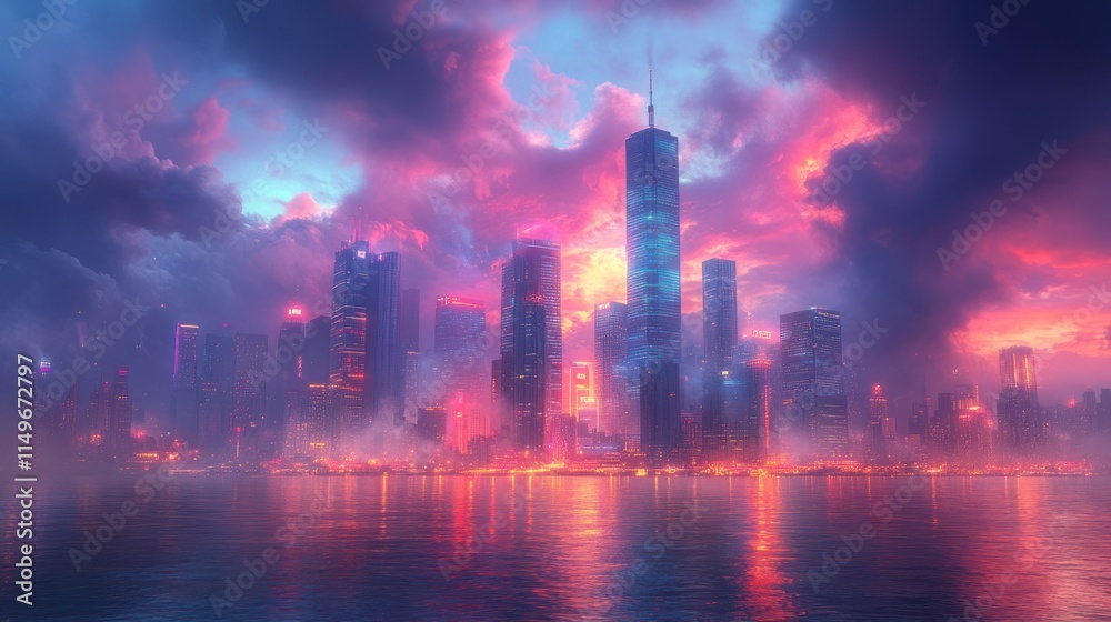 Fototapeta premium Cityscape at sunset, neon lights, water reflection.