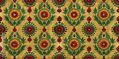 Vibrant floral pattern featuring red and yellow blooms on a golden background.
