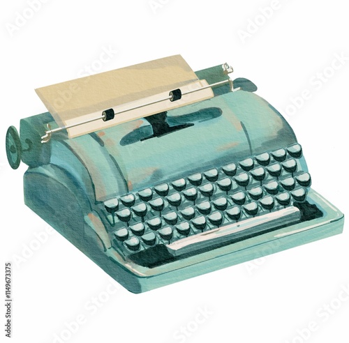typewriter watercolor illustration isolated blue retro