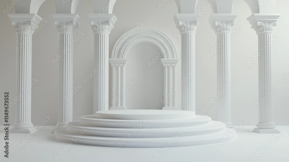 Elegant white architectural space with columns and a circular arch. Elegant white architectural space with columns and a circular arch.