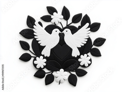 Classic Monochrome Valentine Patch: Hearts & Doves photo