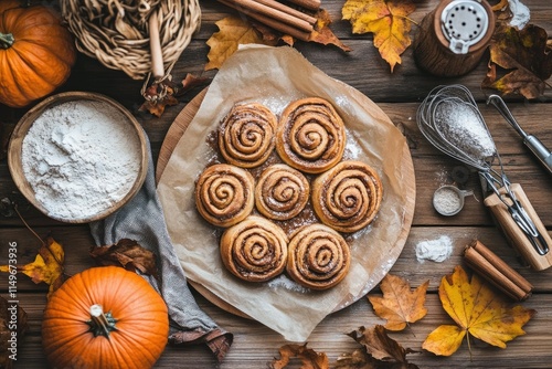 Baking delicious cinnamon rolls cozy kitchen food photography autumn atmosphere overhead view comfort baking concept