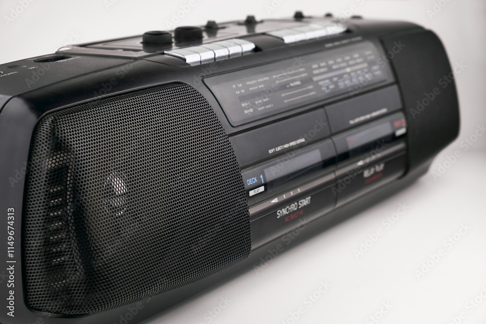 Obraz premium A vintage black boombox with detailed cassette deck and control buttons