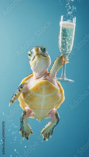 Funny turtle cheers with champagne on a birthday celebration greeting card with blue background photo