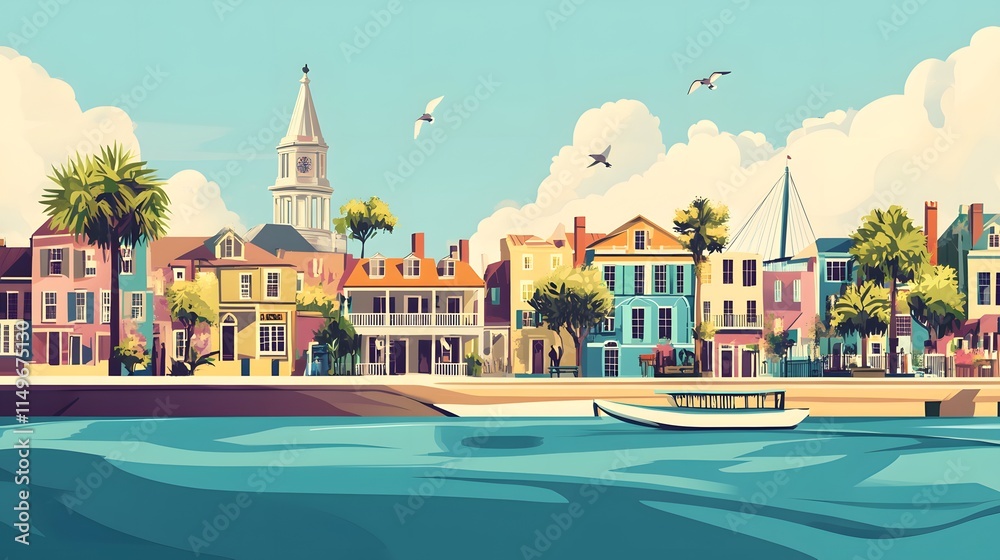 Naklejka premium Colorful Waterfront Houses Under a Sunny Sky