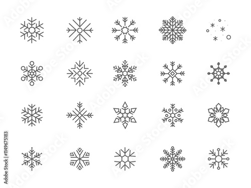 Snowflake icons. Snow. Winter. New Year and Christmas. Winter holidays. Different shapes of snowflakes. A set of editable icons. Vector image.