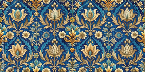 Intricate floral pattern on rich blue background showcasing elegance and sophistication.