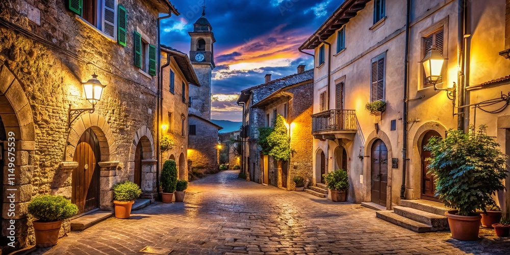 Fototapeta premium Spoltore Night Photography: Low Light Italian Town, Dramatic Shadows, Night Cityscape, Urban Exploration, Ancient Architecture, Italian Village at Night