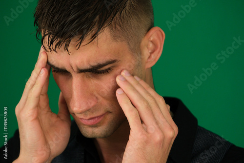 Unhealthy man suffering from migraines or dizziness sits on the couch at home, feels pain in his head. stressed, experiencing vertigo or headache, worrying about work or relationship problems.