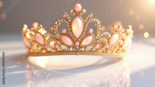 A regal gold quinceanera crowns design with intricate filigree, pearls, and pink gemstones, displayed on a glossy white surface with glowing light