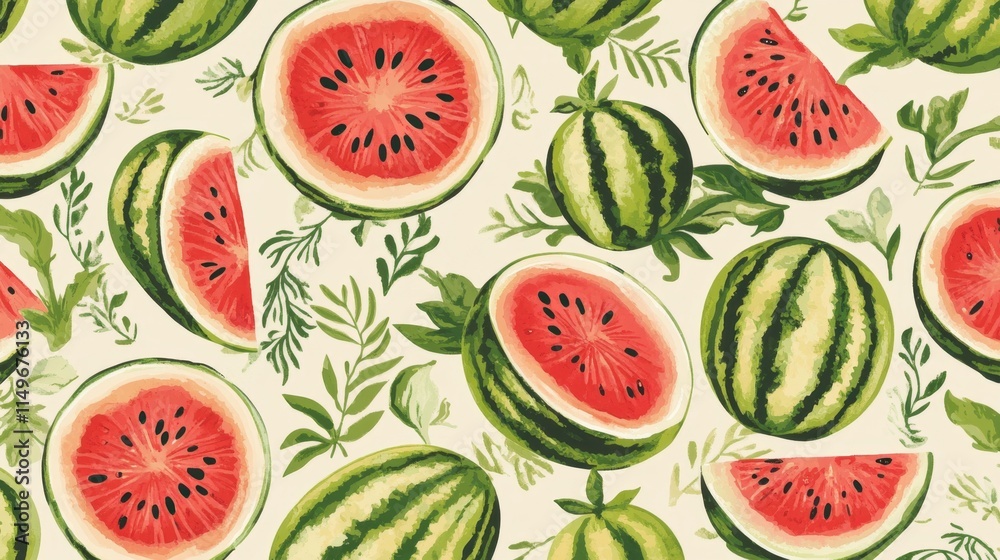 Colorful Watermelon Pattern with Green Leaves on Light Background Colorful Watermelon Pattern with Green Leaves on Light Background