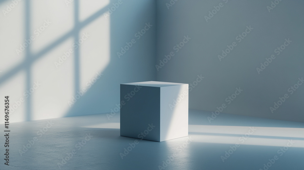 Fototapeta premium Minimalist design featuring a white cube in a sunlit room with shadows. 