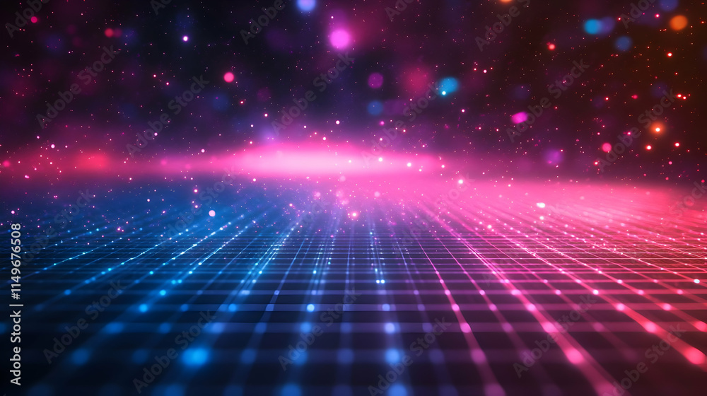 Obraz premium A vibrant digital landscape with glowing particles and a grid pattern.