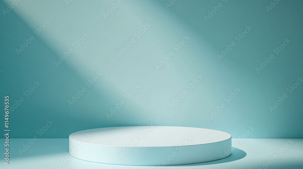 Minimalist display platform illuminated by soft light in a serene space. Minimalist display platform illuminated by soft light in a serene space.