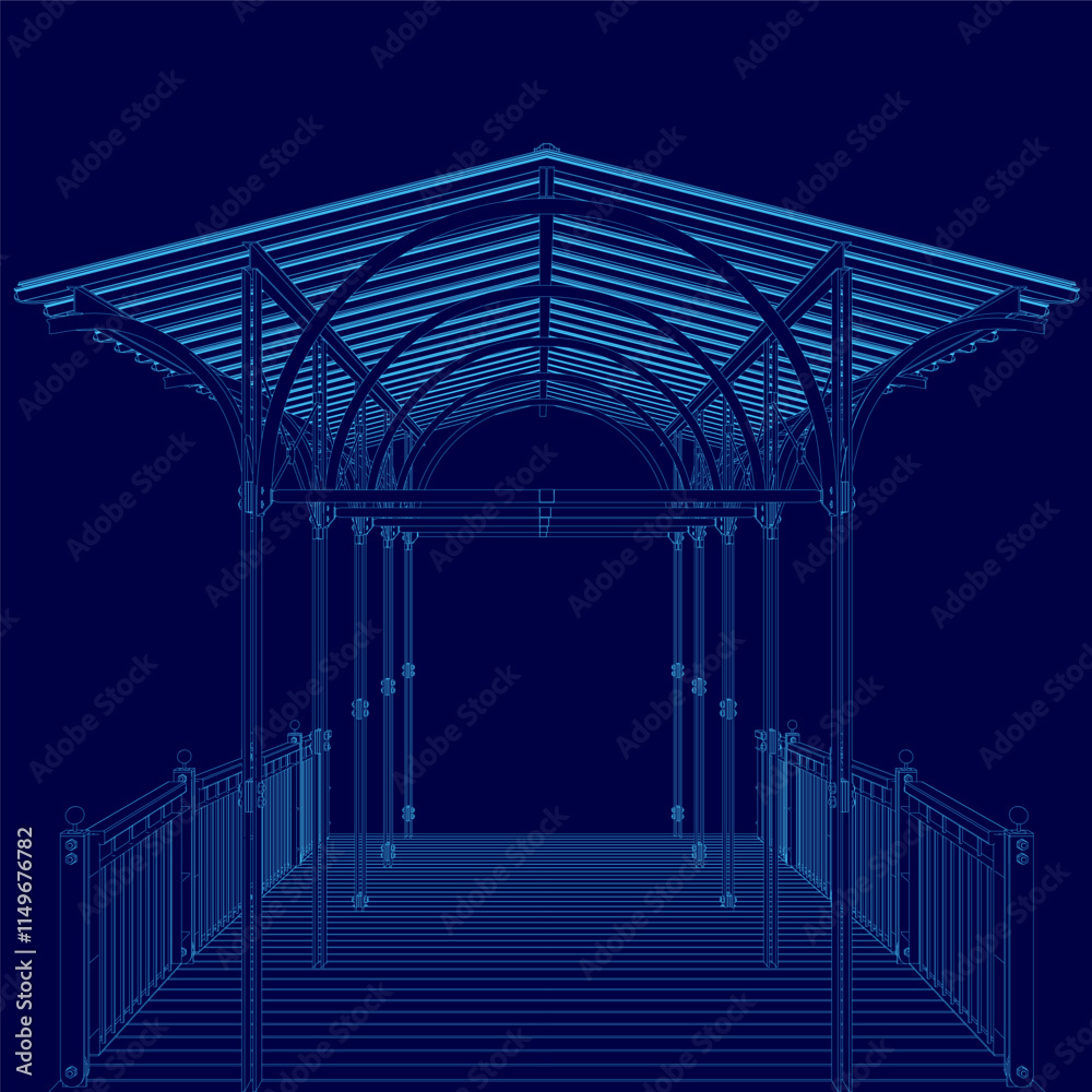 Fototapeta premium wooden bridge contour vector illustration on blue background.