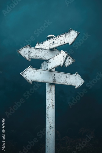 Directional signpost displaying multiple routes in a mysterious foggy environment