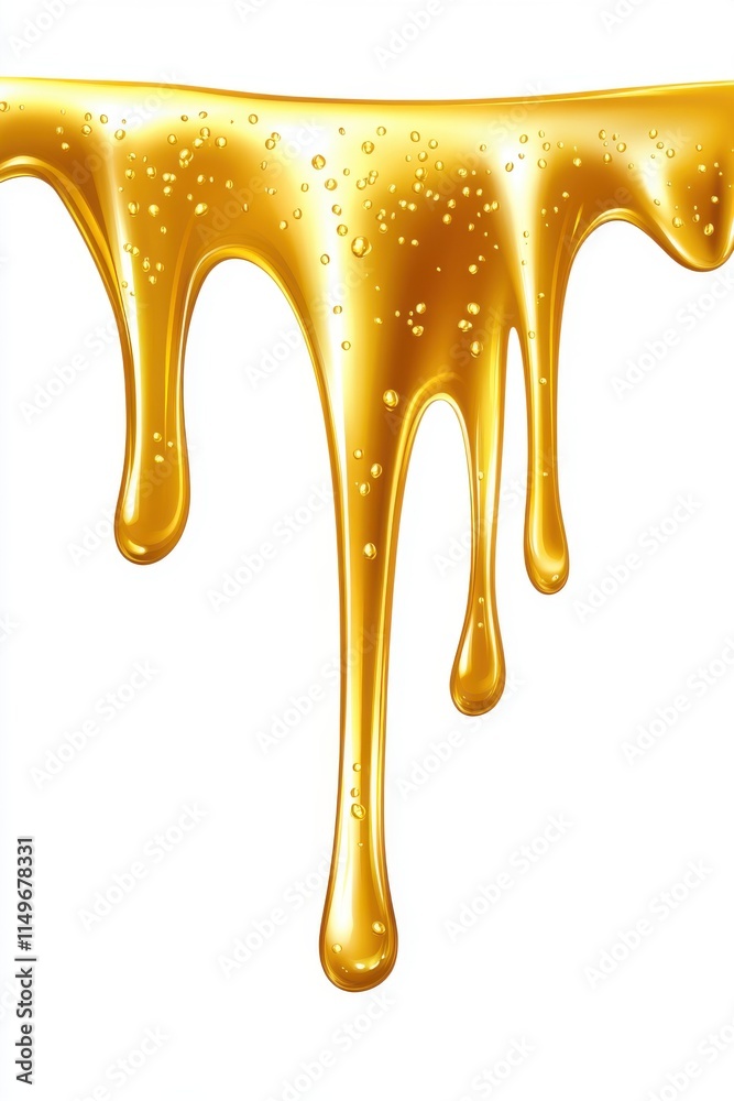 Golden honey dripping gracefully, showcasing its rich texture and vibrant color against a clean white background. Golden honey dripping gracefully, showcasing its rich texture and vibrant color against a clean white background.