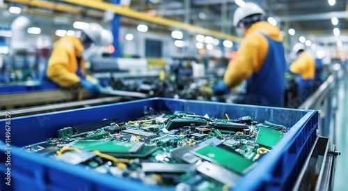 An advanced recycling facility with workers sorting electronic waste, including circuit boards and motherboards, on a conveyor belt