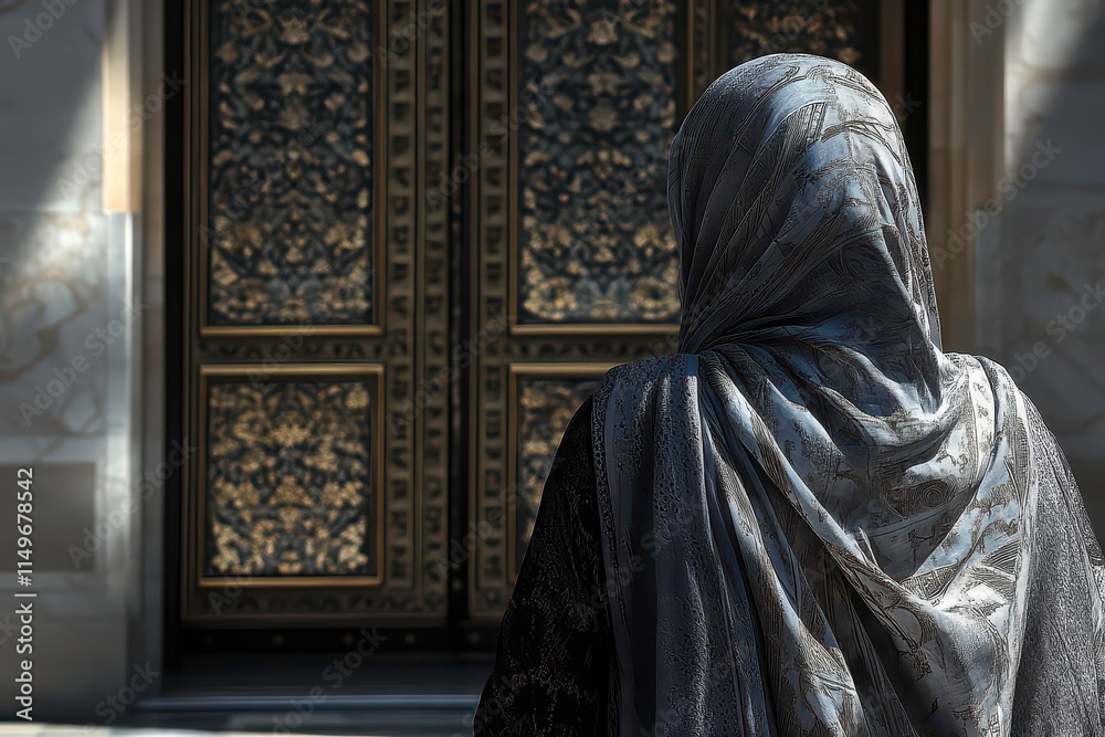 A woman in a hijab stands before an intricately designed door, suggesting cultural significance. A woman in a hijab stands before an intricately designed door, suggesting cultural significance.