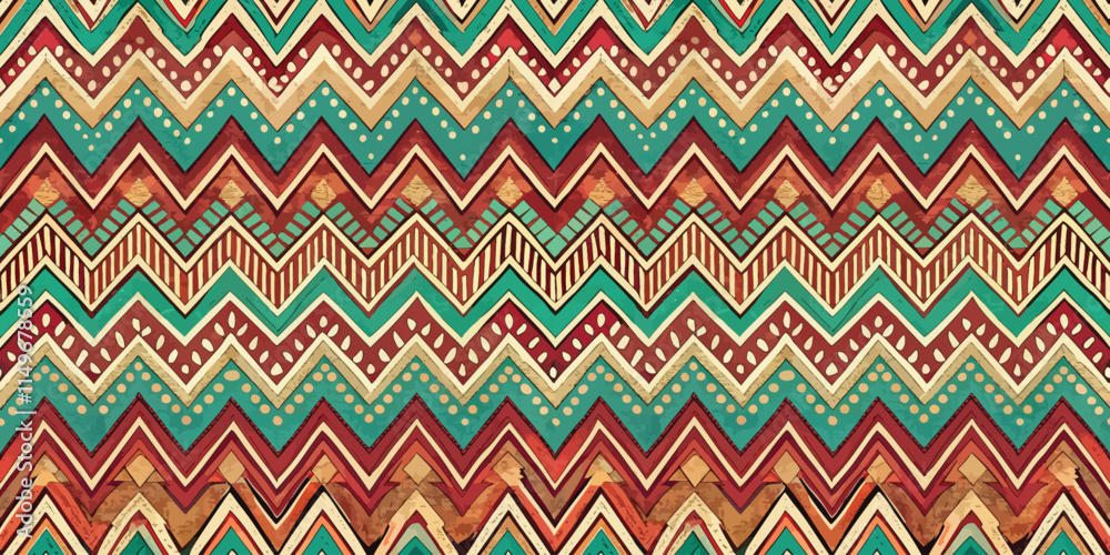 Colorful geometric pattern featuring vibrant zigzag designs in earthy tones.