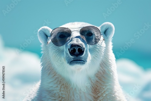 Polar bear wearing sunglasses enjoys sunny day in a pristine arctic environment photo