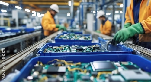 An advanced recycling facility with workers sorting electronic waste, including circuit boards and motherboards, on a conveyor belt