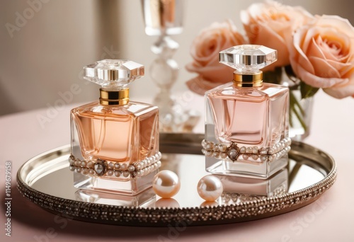 Elegant perfume bottles with pearls on a mirrored tray.