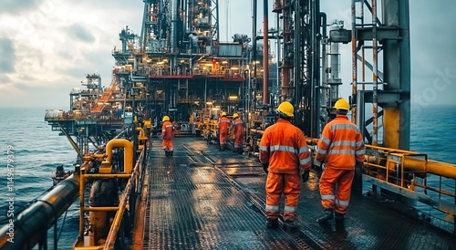 A group of workers in an oil and gas facility wearing orange overalls, yellow hard hats, and white safety boots are walking on the floor with equipment around them. photo