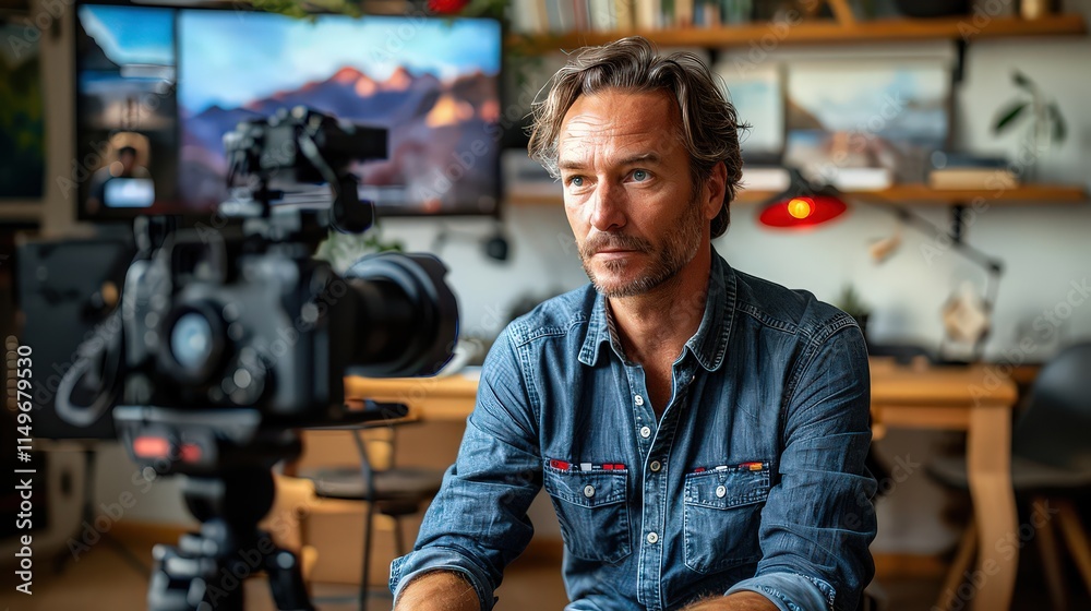 Film Director Working on a Project in a Professional Studio, Focused on Creative Cinematography and Visual Storytelling Film Director Working on a Project in a Professional Studio, Focused on Creative Cinematography and Visual Storytelling