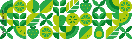 Organic food, bio.Seamless pattern.Abstract geometric design with fruits  leaves.Set of modern simple icons in bauhaus flat style.Elements isolated on white background.Vector illustration.
